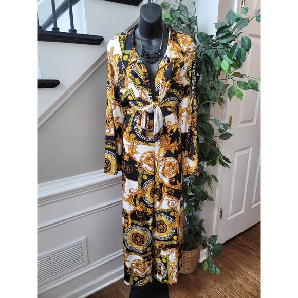 Madrag Jumpsuit Women 2XL Black Gold Baroque Print Long Sleeve Tie Front - Picture 1 of 12